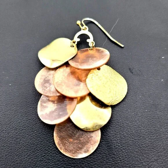 Metal & Mother of Pearl Disc Chandelier Earrings Goldtone Metal Hook Back 2" - Picture 3 of 5